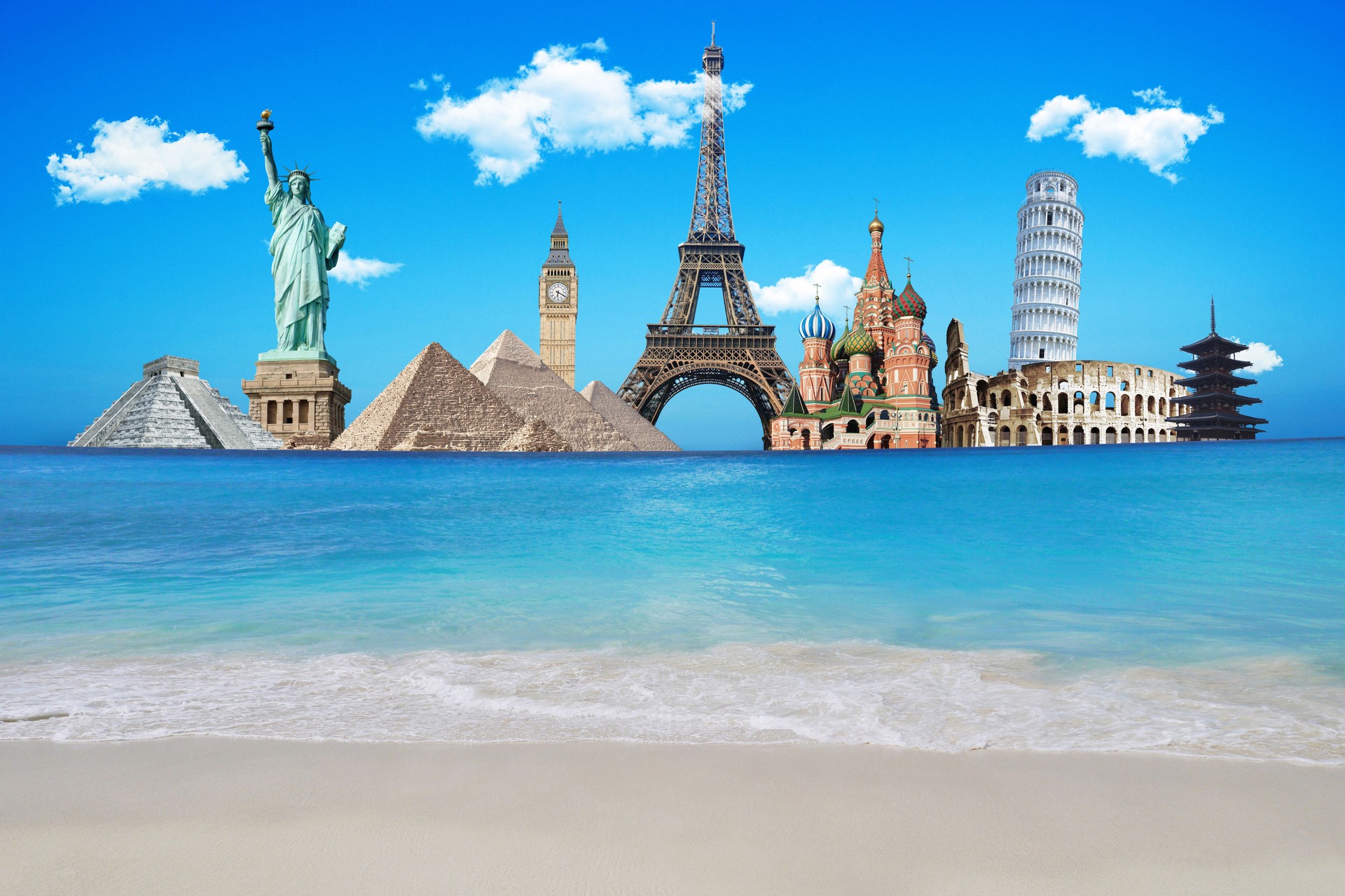 Concept of travel. Beautiful ocean beach with the wonders of the world. Around The World Tours