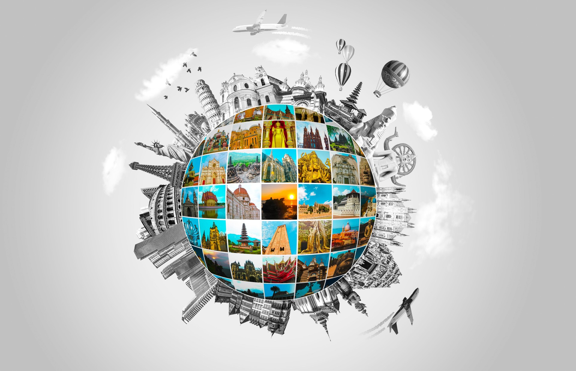 World religious and architecture monuments- collage or globe from different religions from Asia, Africa and Europe. Travel and tourism with famous world landmarks.